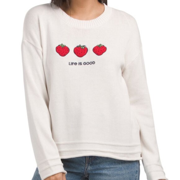Life Is Good NEW Strawberry embroidered sweater long sleeve roll hem size Medium - Picture 11 of 11